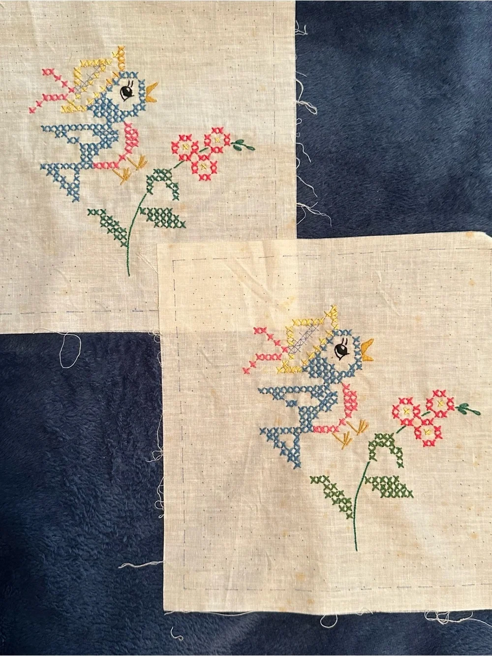 Vintage Whacky Birds Hand-Embroidered Cotton 9x9 Baby Quilt Blocks - 12 Complete